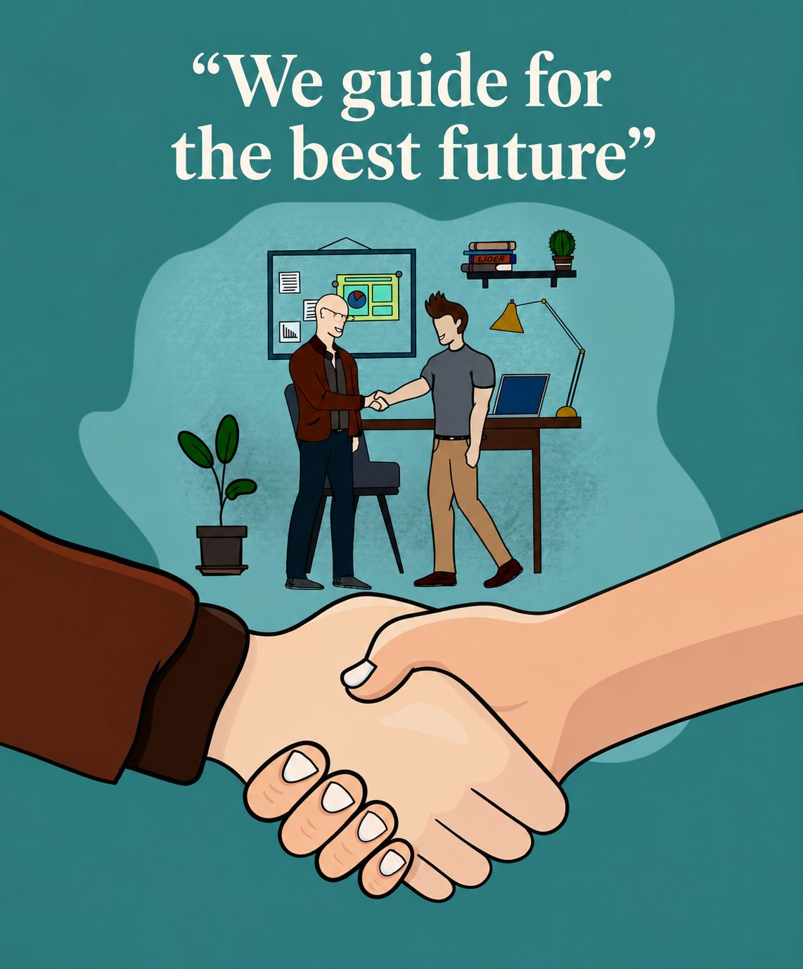 Illustration of a handshake in the foreground and two men shaking hands in an office behind it, under the words “We guide for the best future”.